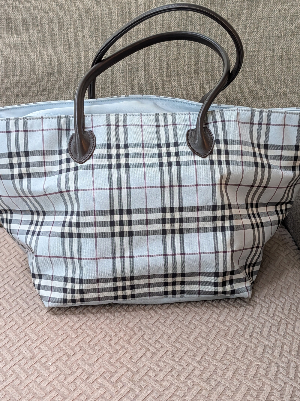 Burberry White Plaid Tote with Brown Leather Handles